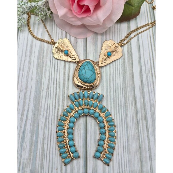 NWOT Gold Tone & Faux Turquoise Blue Horseshoe Arrowhead Necklace 26" Western - Picture 1 of 8